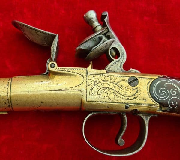 A Fine silver mounted brass framed flintlock cannon barrel pistol by Bunney London C. 1780. Ref 3419